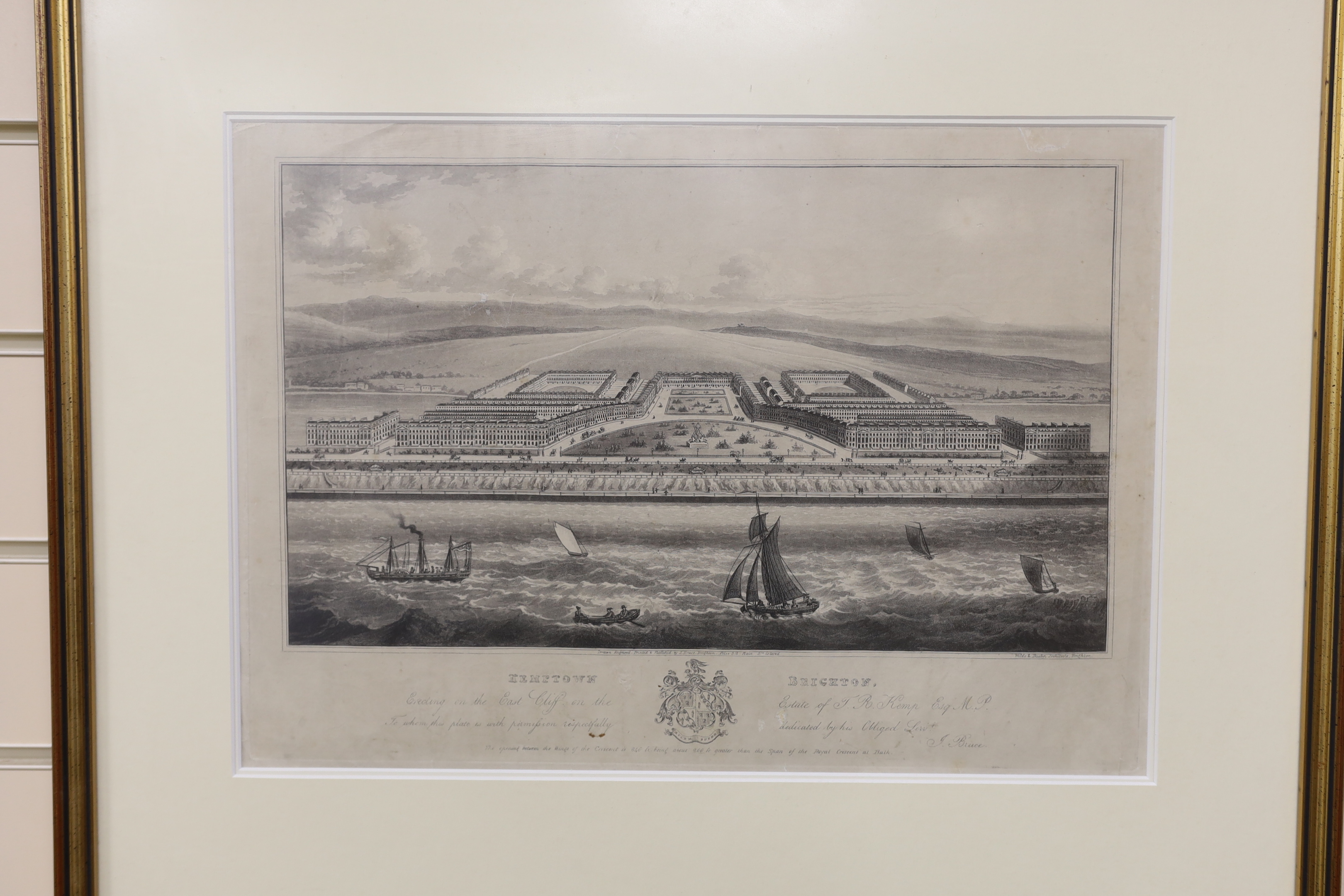 Six 19th century engravings and prints of Brighton view, some hand coloured, including Lamberts a correct a view of Brighthelmston in 1765, publ. 1817 by James Edwards, one after John Bruce, Kemptown, Brighton and Lewes